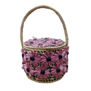 Floral Wicker Basket 11" Attached Pink Flowers Country Farmhouse Beachy Boho